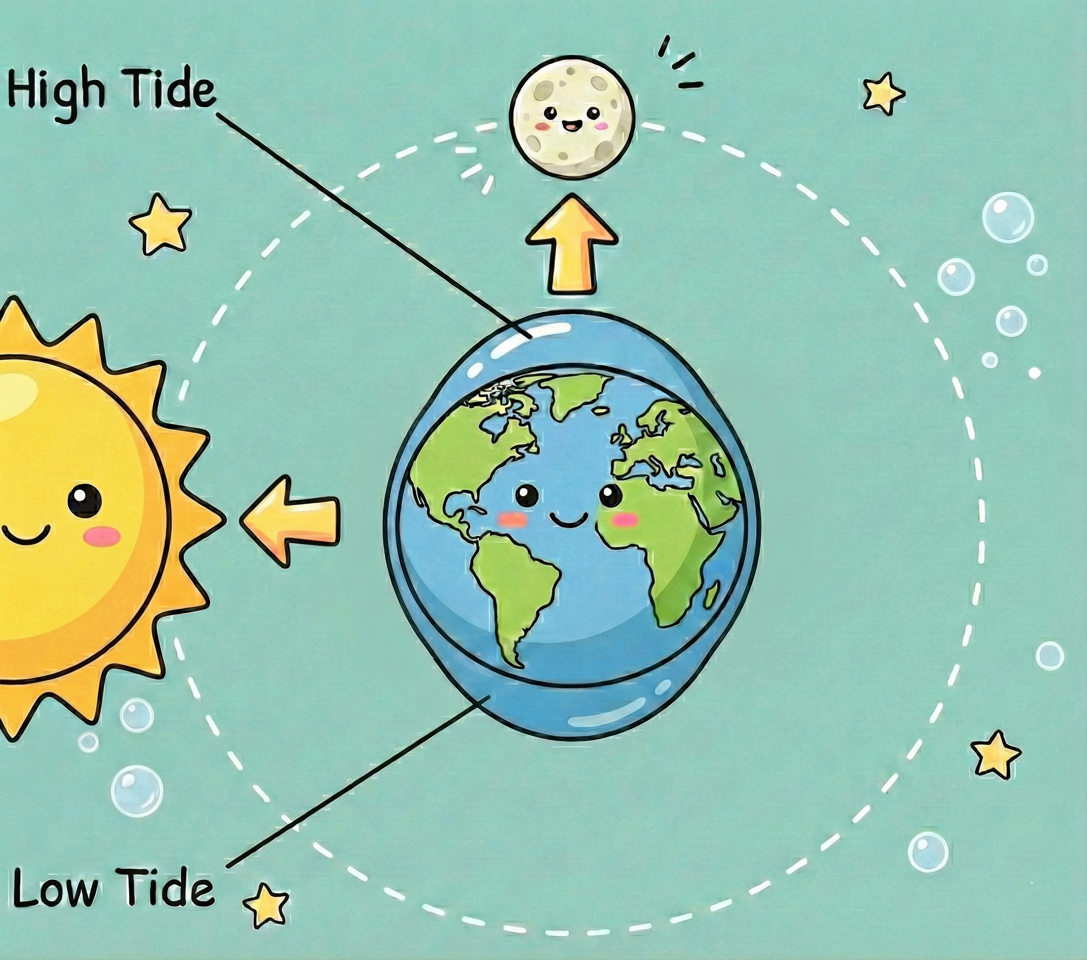 Diagram showing the gravitational pull of the moon and sun creating Neap Tides 