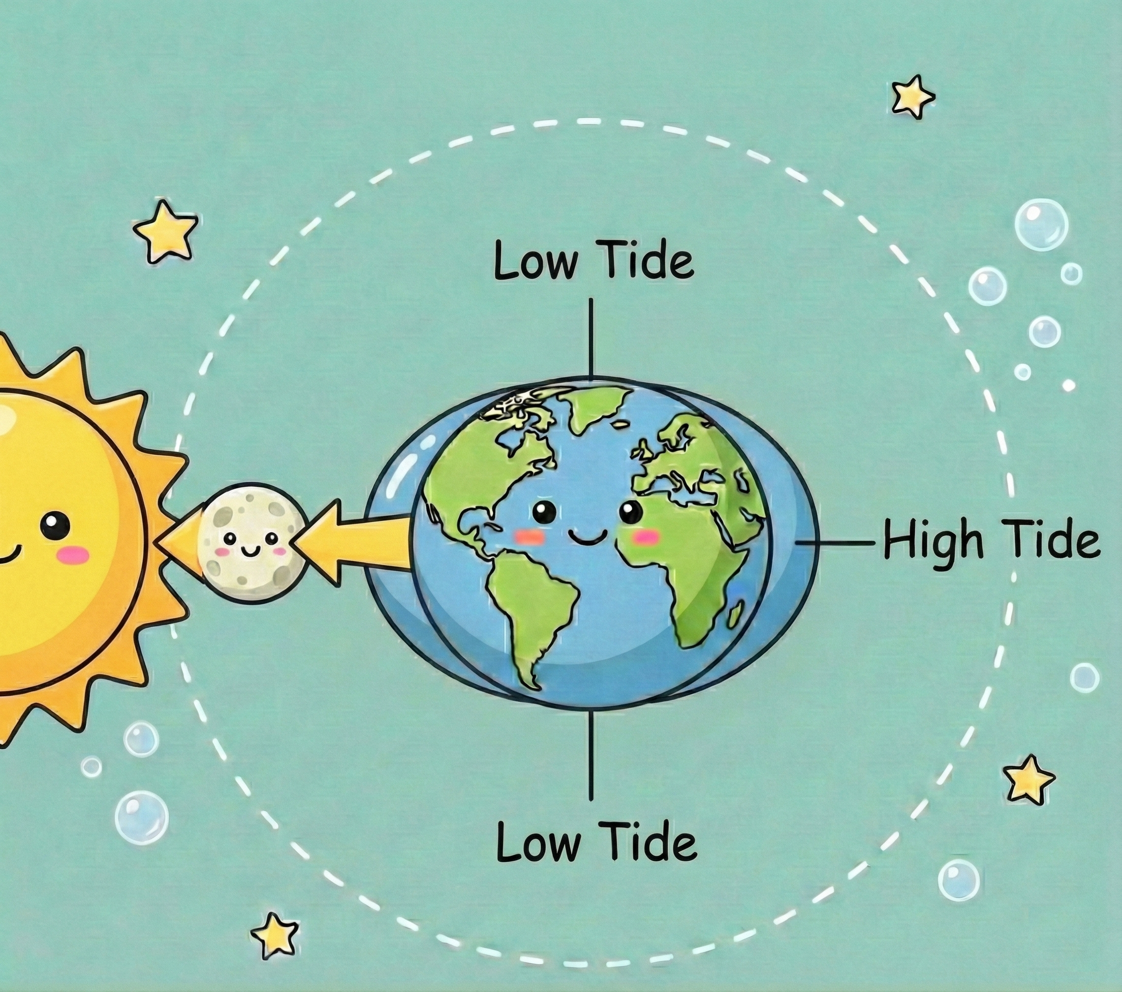 Diagram showing the gravitational pull of the moon and sun creating Spring Tides