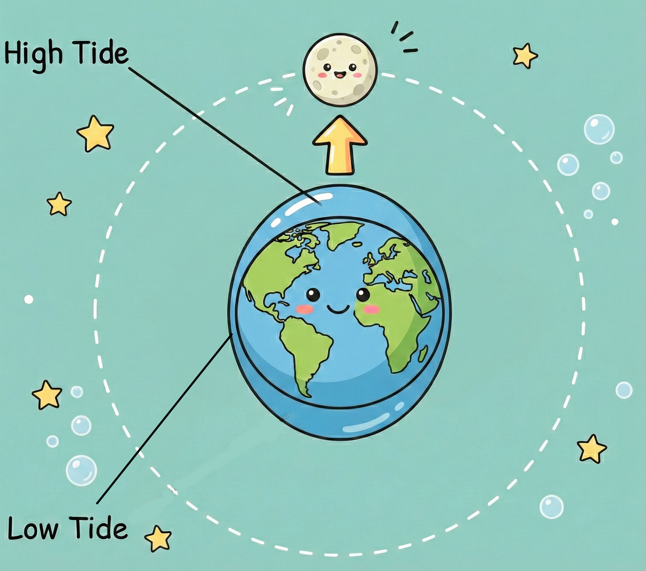 Diagram showing how the moons gravitational pull leads to tides. 