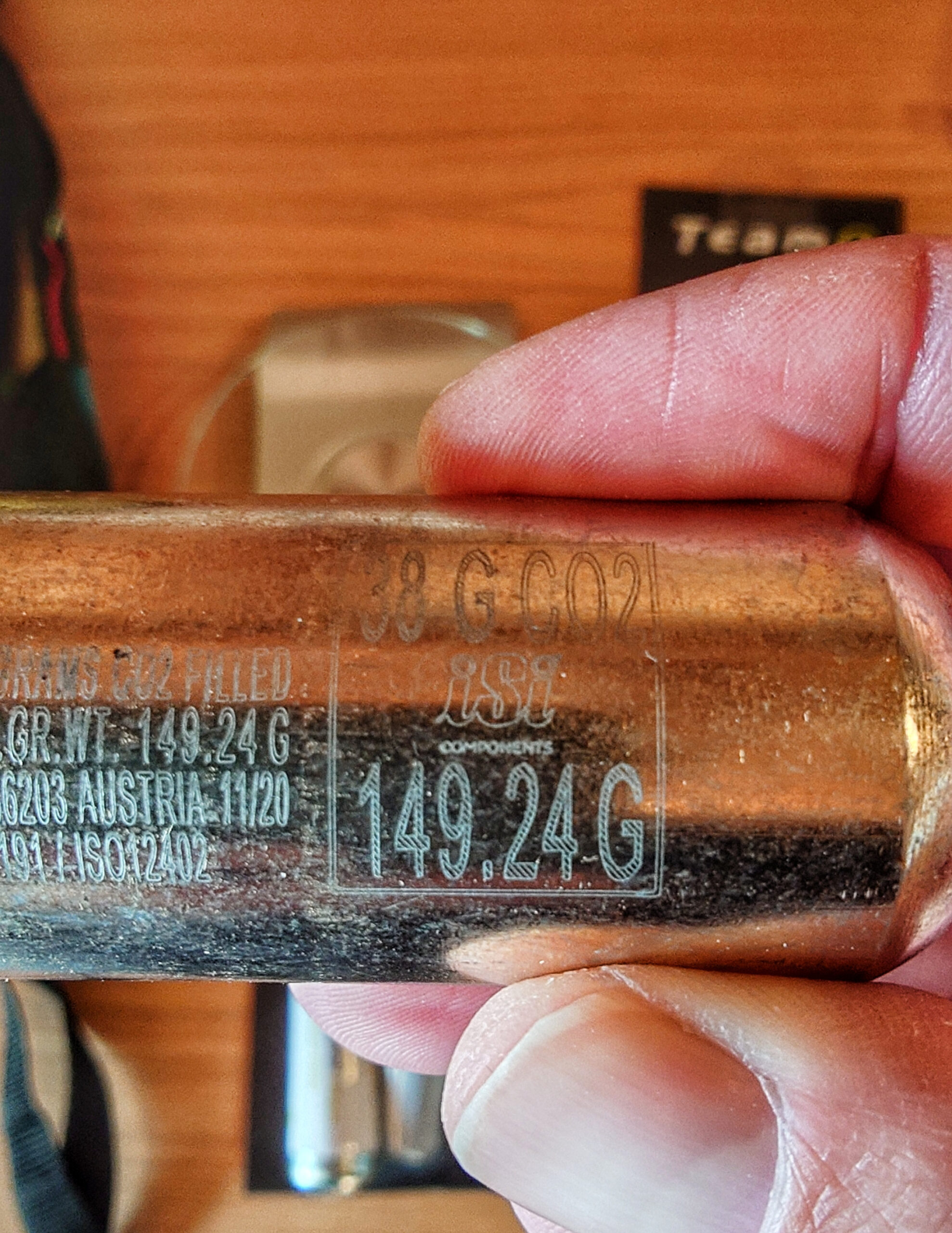 Life Jacket CO2 cartridge showing the weight printed on it. 