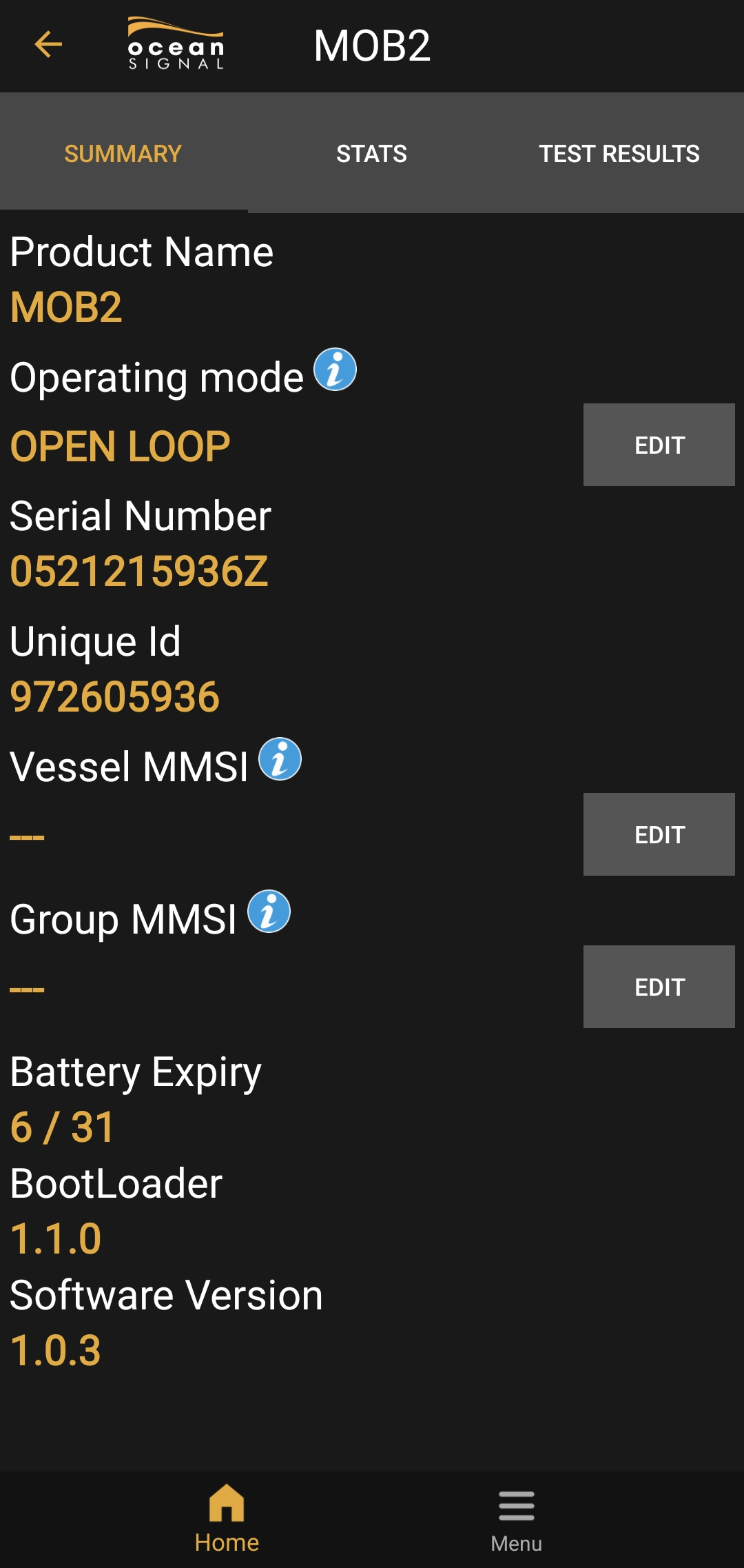 Ocean Signal App with NFC to connect to the AIS MOB2 showing how you can edit the Vessel MMSI to allow open or closed loop DSC calling. 