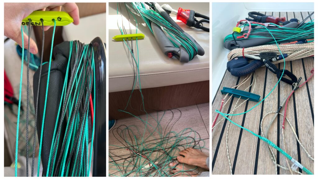 Sorting your kite lines the easy way on a boat. 