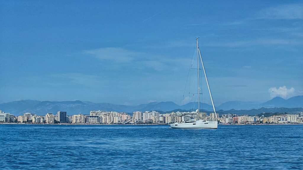 All Winds anchored outside the Commercial Harbour in Durres. sailing albania cruising guide