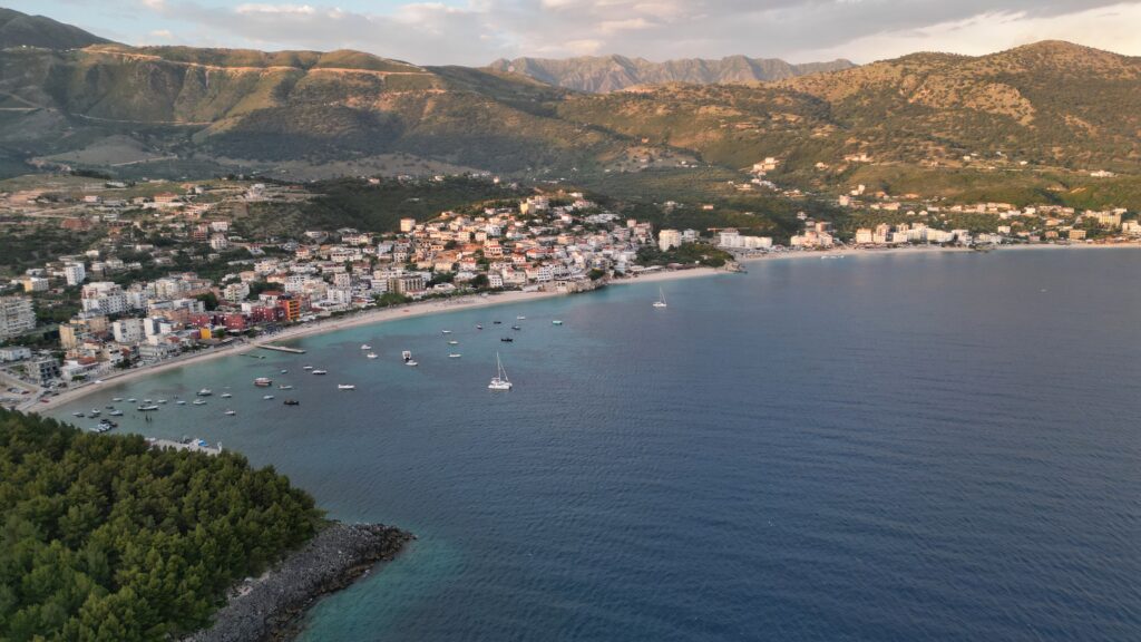 The anchorage in Himare, Albania somewhat rolly and not ideal holding. sailing albania cruising guide