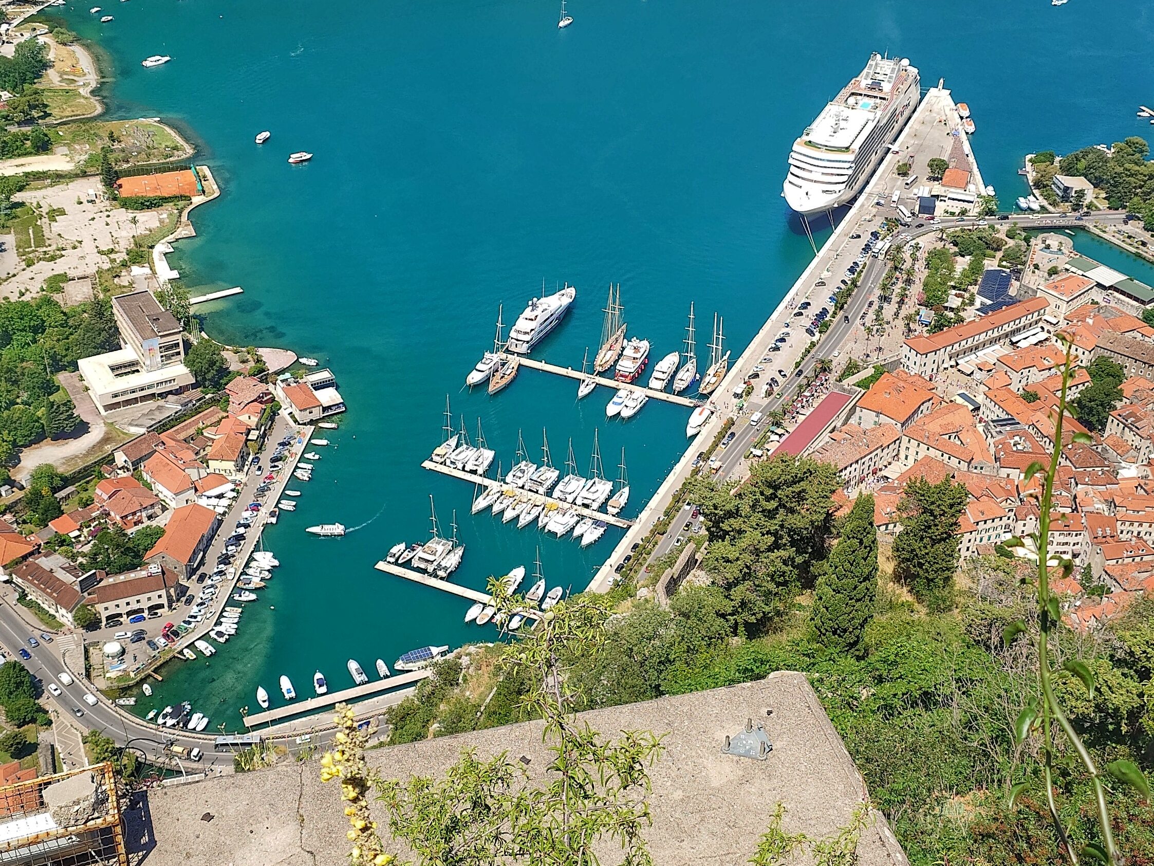 Looking down at Kotor in the the fjord like waters of Boka Bay Montenegro