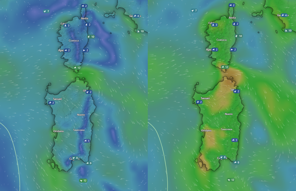 Ground Wind Vs Gust showing acceleration through the straight of Bonifacio