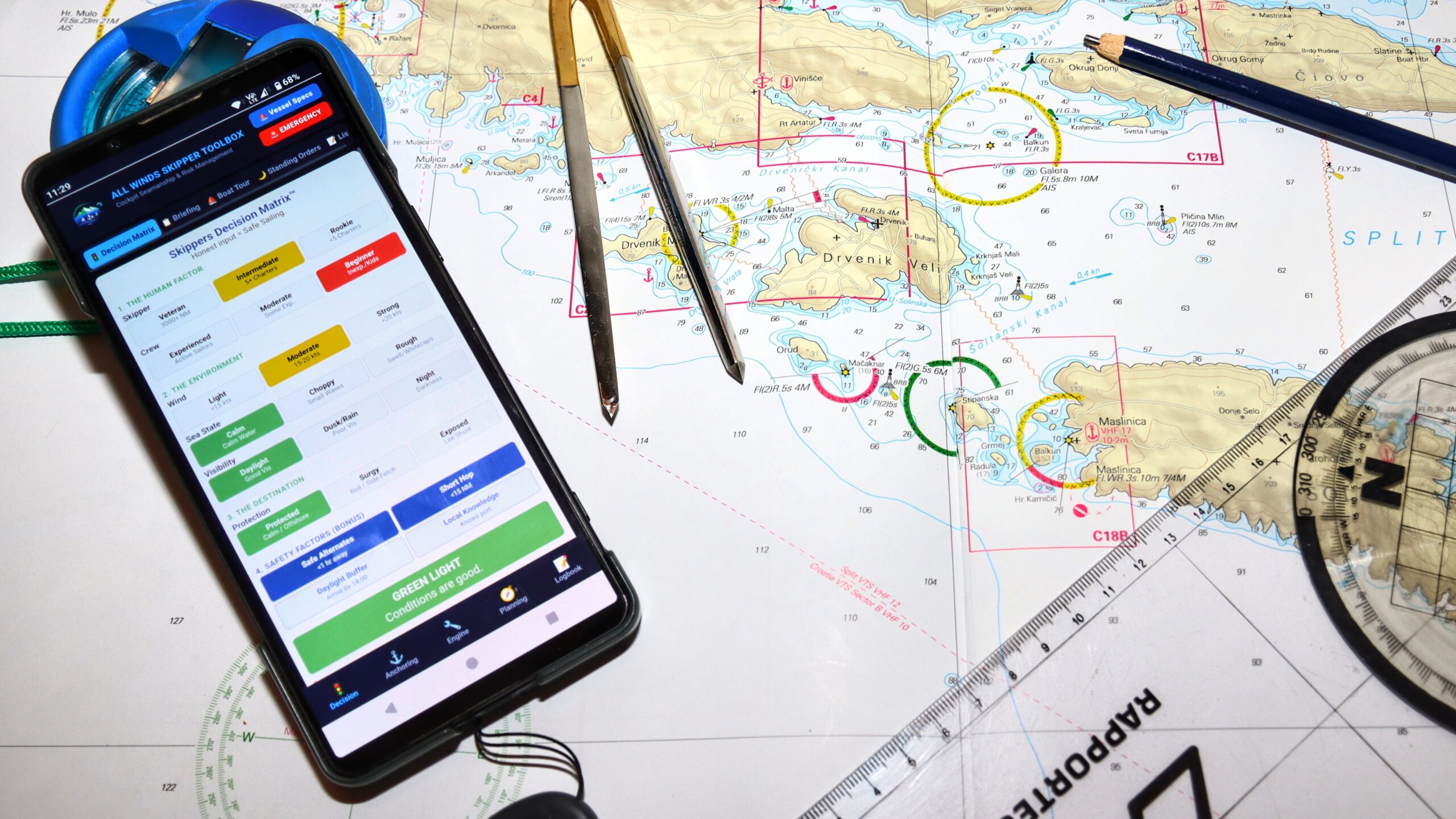 All Winds Skipper's Toolbox Progressive Web App displaying Decision Matrix and seamanship calculators on a phone