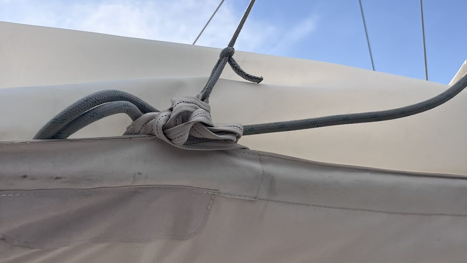 Ensure the lazy bag ties are not loose and able to get into blocks when tacking or gybing.