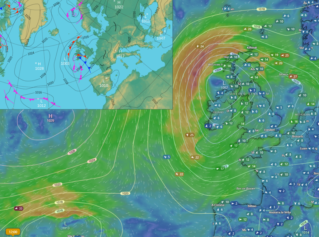 Comparison of a traditional synoptic surface pressure chart with fronts and a modern Windy weather app screen showing the same low-pressure system.