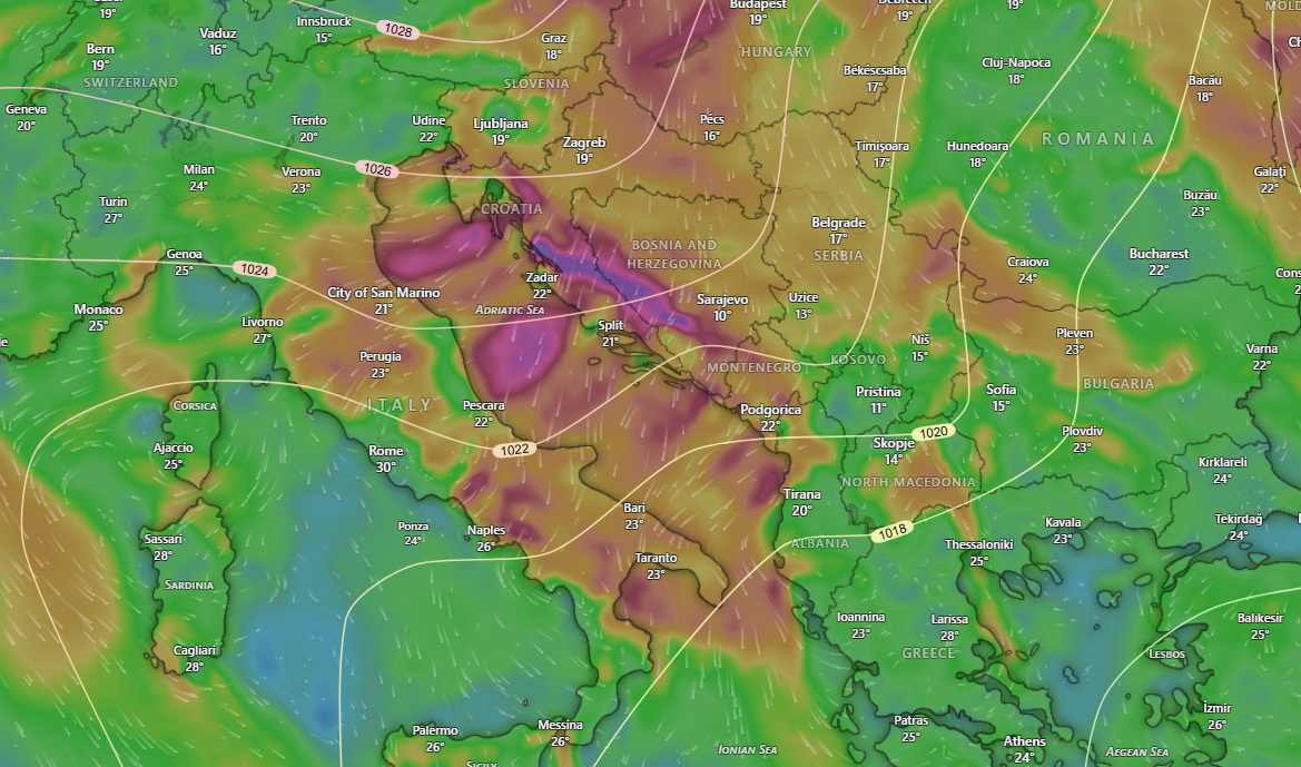 A moderate to strong Bora showing intense wind in in areas like the Kvarner Channel and the Velebit Strait