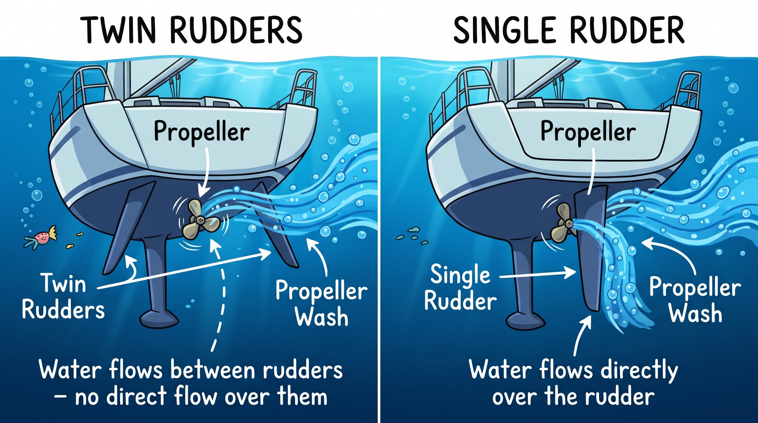 The propwash goes between the rudder in a twin rudder boat and directly over on the single rudder. 